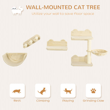 PawHut Cat Wall Shelves, 3PCs Cat Shelves with Hammock, Scratching Post, 3 Steps, Jumping Platforms, Wall Mounted Cat Climber, Beige