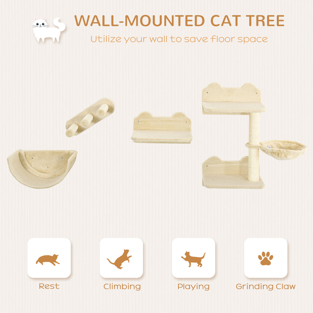 PawHut Cat Wall Shelves, 3PCs Cat Shelves with Hammock, Scratching Post, 3 Steps, Jumping Platforms, Wall Mounted Cat Climber, Beige