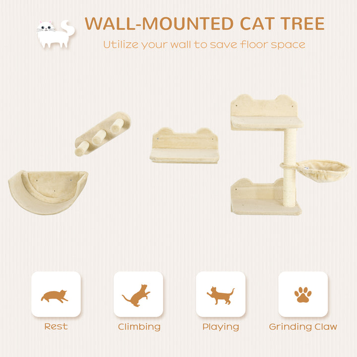 PawHut Cat Wall Shelves, 3PCs Cat Shelves with Hammock, Scratching Post, 3 Steps, Jumping Platforms, Wall Mounted Cat Climber, Beige
