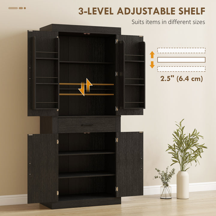 HOMCOM 72" Kitchen Pantry Cabinet, Farmhouse Kitchen Storage Cabinet with 4 Barn Doors, 6 Door Shelves, Drawer, Black