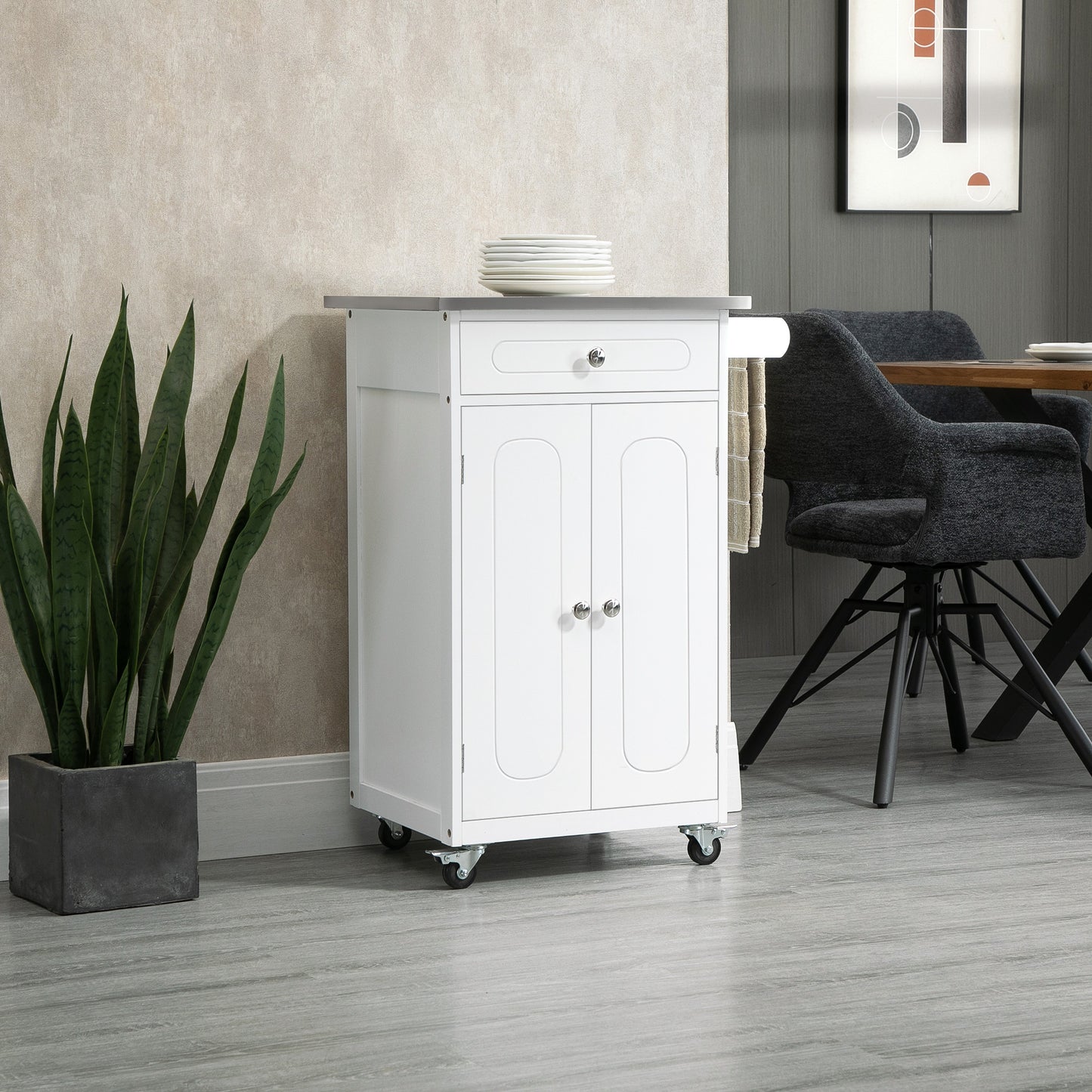 HOMCOM Kitchen Cart, Small Kitchen Island, Stainless Steel Top Utility Trolley on Wheels with Storage Drawer for Dining Room, Kitchen (White)