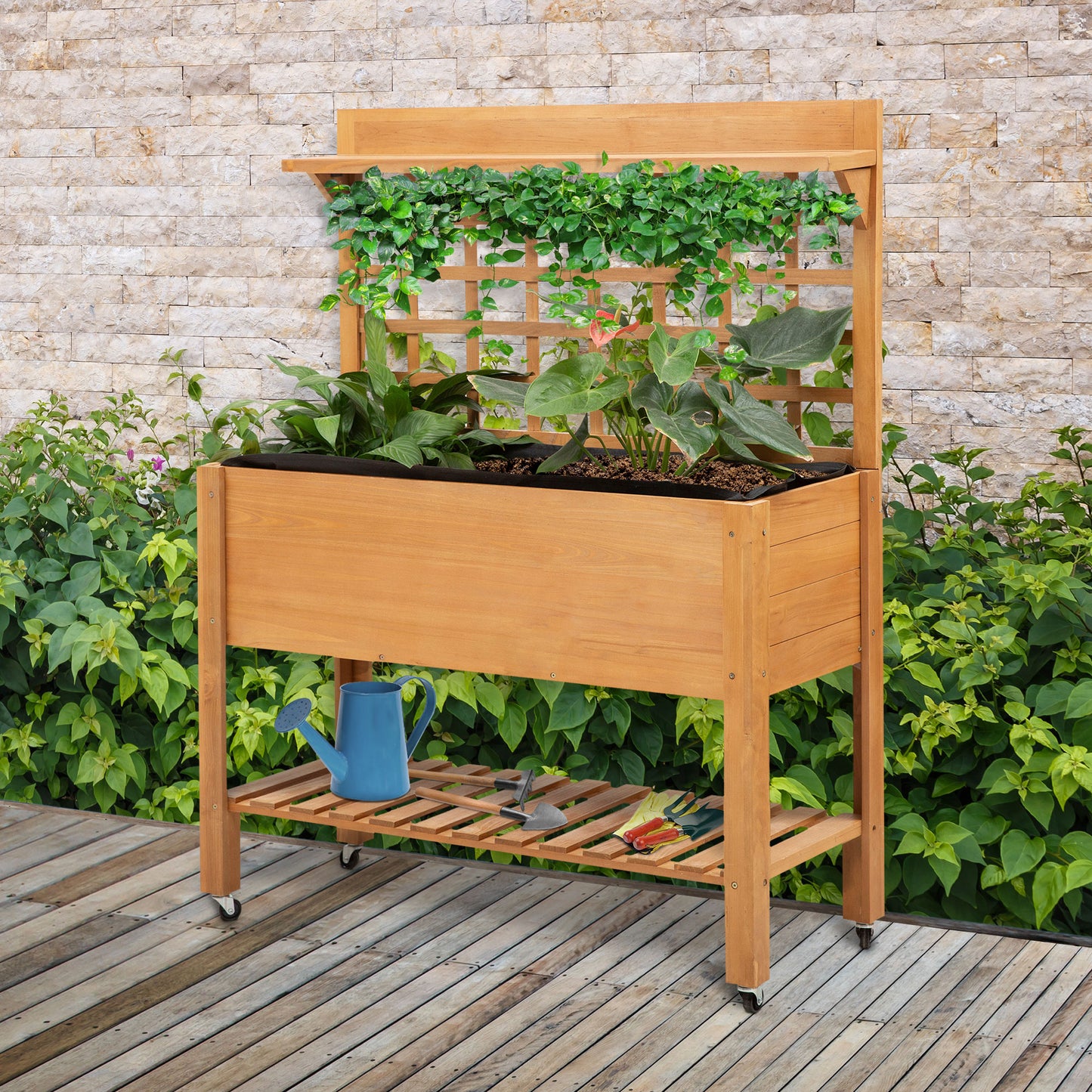 Outsunny 41.25"x15.75"x53.25" Wooden Planter Raised Elevated Garden Bed Planter Flower Herb Boxes for Vegetables Flower with Shelf and Wheels Solid Wood Outdoor/Indoor