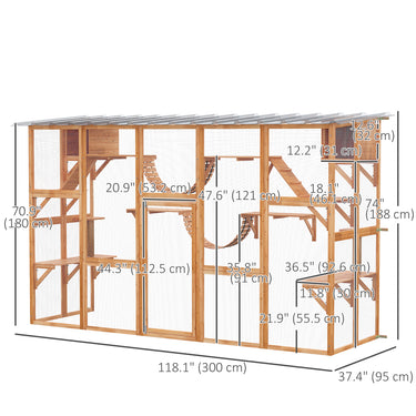 PawHut Large Outdoor Catio with Condos, Platforms, Doors, Ladders, Weather-Resistant Roof, Orange