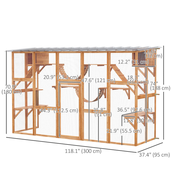 PawHut Large Outdoor Catio with Condos, Platforms, Doors, Ladders, Weather-Resistant Roof, Orange
