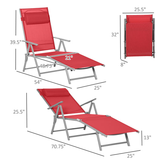 Outsunny Outdoor Folding Chaise Lounge Chair Steel Portable Recliner with 7 Adjustable Backrest Positions, Red