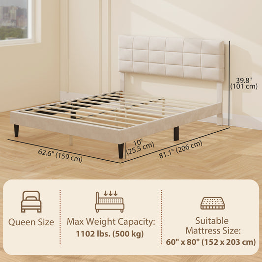 HOMCOM Queen Size Bed Frame with Upholstered Headboard, Modern Platform Bed Frame with Wood Slats, 1100 lbs Capacity, Cream