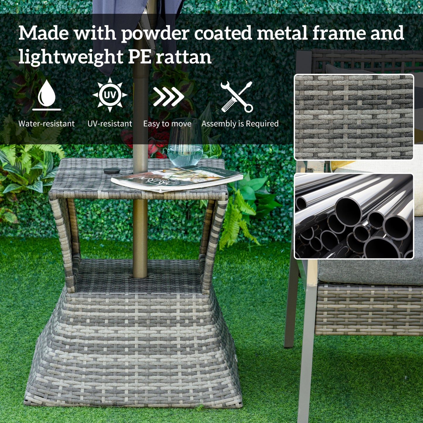 Outsunny Rattan Wicker Side Table, 21.3" Square Outdoor End Table with Umbrella Hole 2-Tier Storage for Patio Garden Mixed Brown