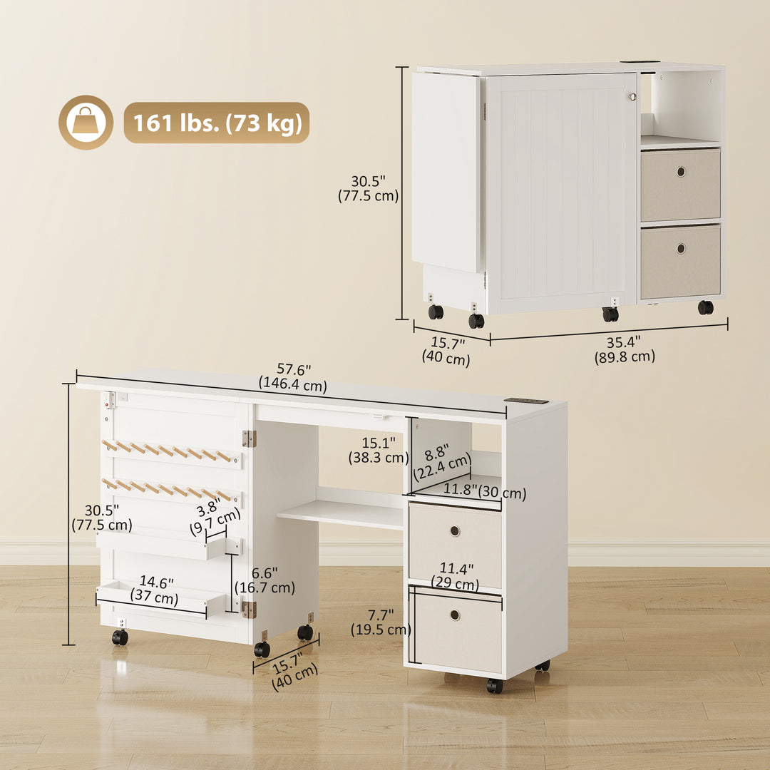 HOMCOM Rolling Sewing Machine Table with Power Outlet, Folding Craft Table with 2 Fabric Drawers, 2 Bins and 18 Pegs, White