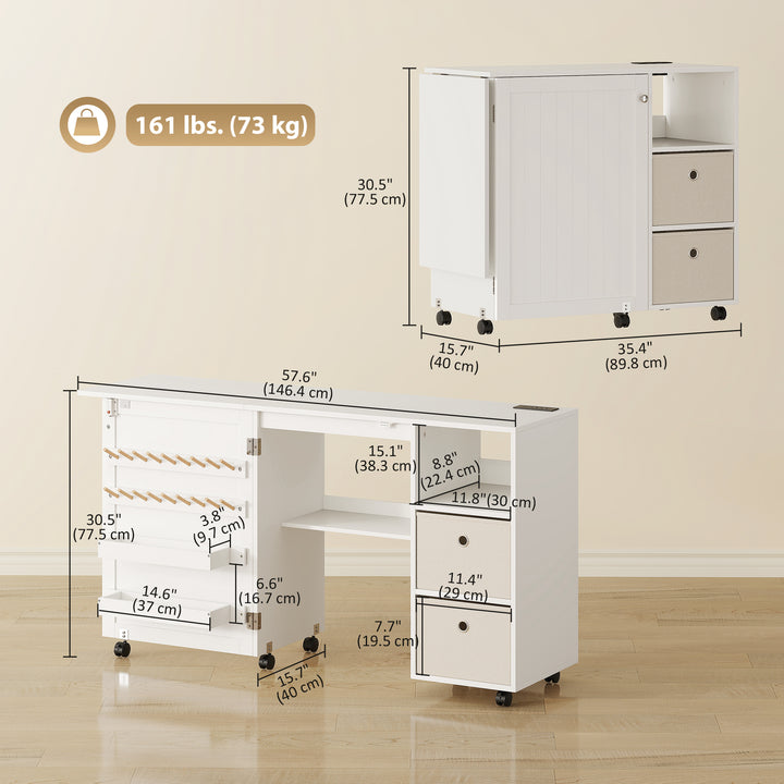 HOMCOM Rolling Sewing Machine Table with Power Outlet, Folding Craft Table with 2 Fabric Drawers, 2 Bins and 18 Pegs, White