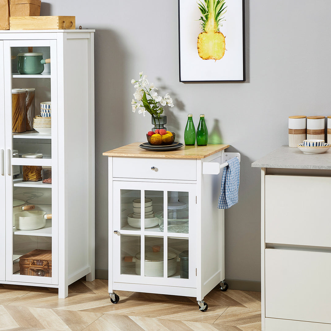 HOMCOM Rolling Kitchen Cart with Drawer and Glass Door Cabinet, Kitchen Island on Wheels with Towel Rack, White
