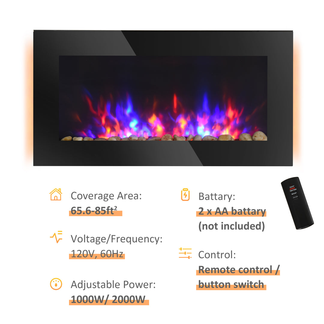HOMCOM 36" Wall-Mounted Electric Fireplace, 750/1500W Fireplace Heater with Flame Effect, 7 Color Background Light and Side Light, Black