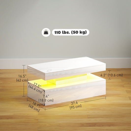 HOMCOM LED Coffee Table, Living Room Table with 2 Drawers and Open Shelf, High Gloss White