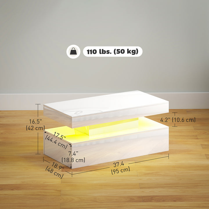 HOMCOM LED Coffee Table, Living Room Table with 2 Drawers and Open Shelf, High Gloss White