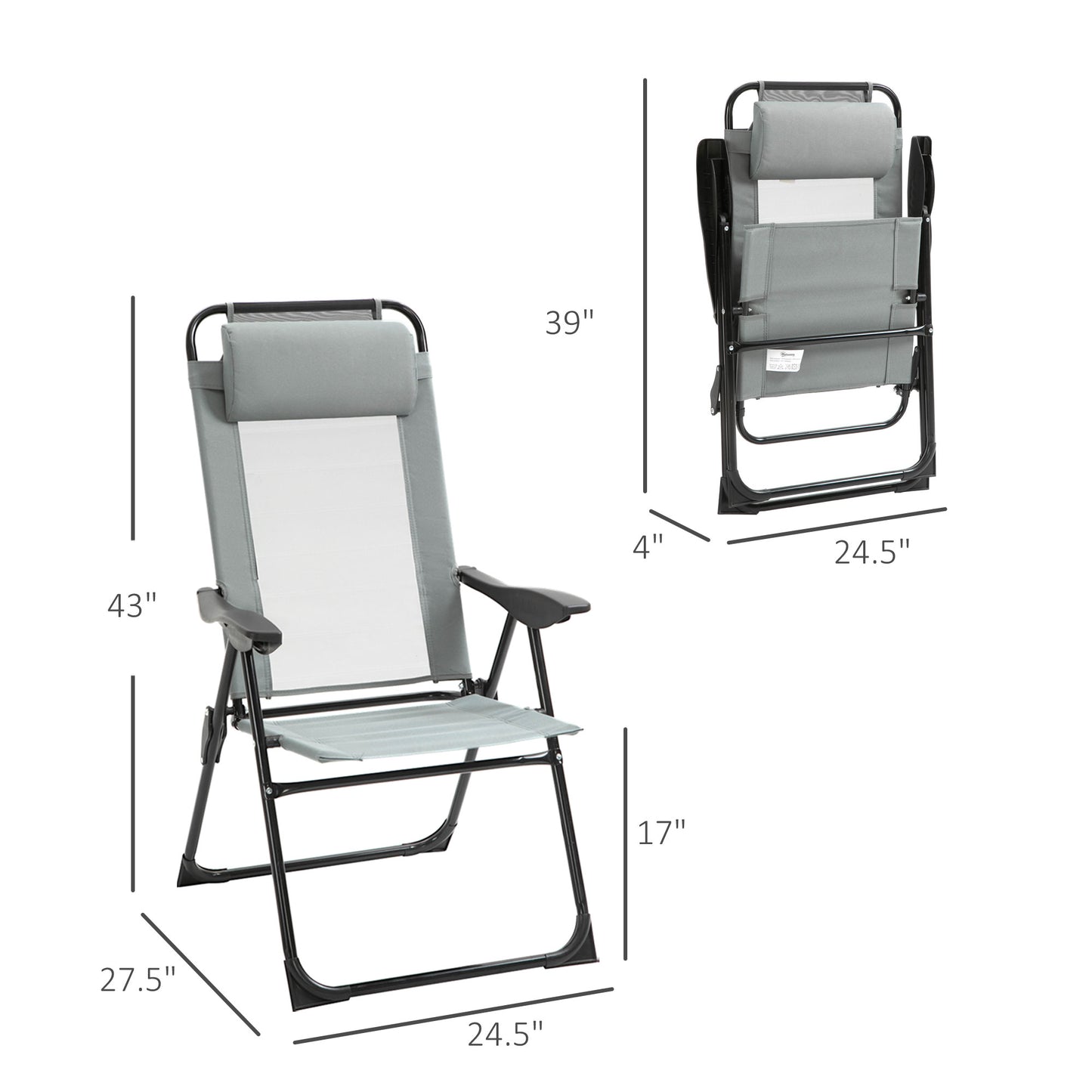 Outsunny Set of 4 Camping Chairs, Outdoor Folding Lounge Chair Set with 5 Level Adjustable Backrest, Removable Headrest, Armrest for Camping, Backyard, Black