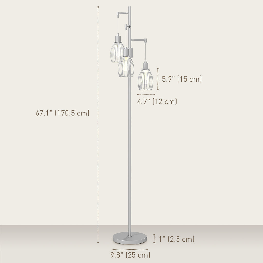 HOMCOM Industrial Floor Lamp with 3 Hanging Wire Lampshades, Dimmable Standing Lamp for Living Room, Bedroom, Dining Room, Study, Black