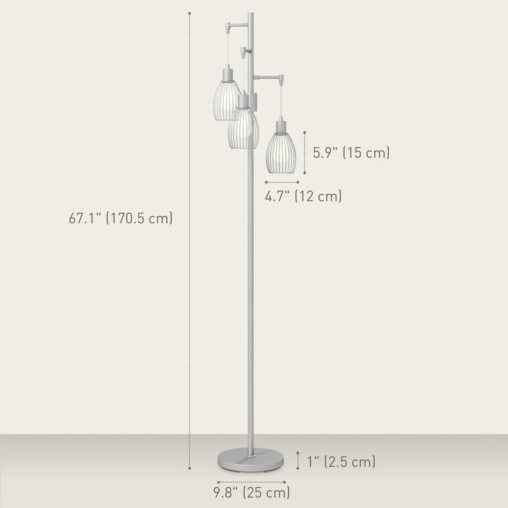 HOMCOM Industrial Floor Lamp with 3 Hanging Wire Lampshades, Dimmable Standing Lamp for Living Room, Bedroom, Dining Room, Study, Black