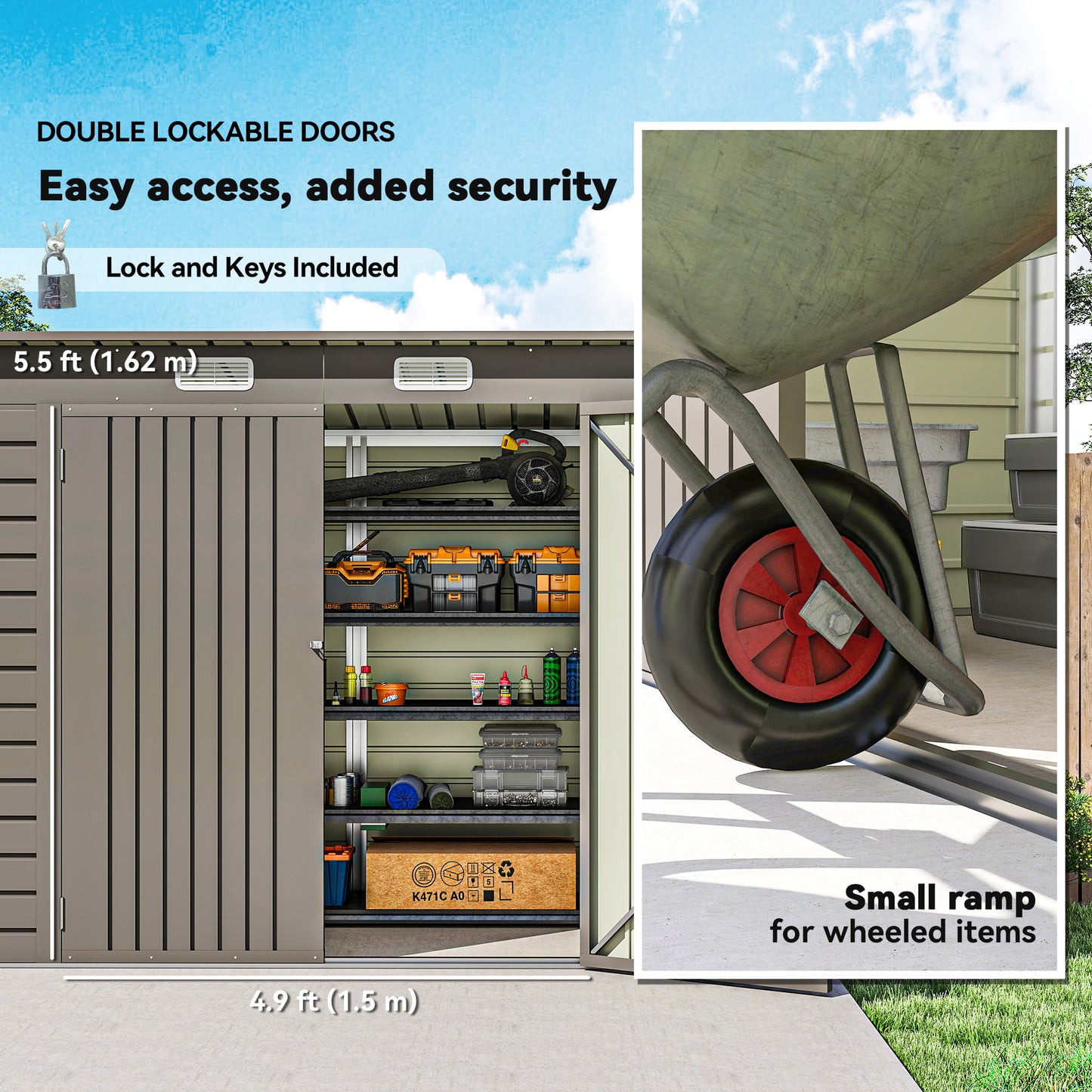 Outsunny 8 x 4FT Galvanized Garden Storage Shed, Metal Outdoor Shed with Double Doors and 2 Vents, Light Grey