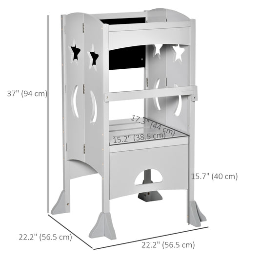 Qaba Kids Kitchen Helper Foldable Step Stool Toddler Kitchen Stool with Blackboard Lockable Handrail for 3-6 Years old Grey