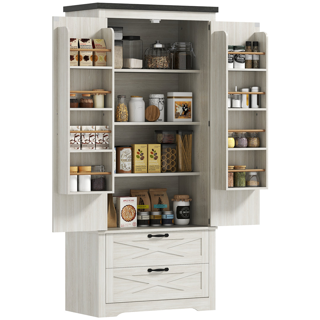 HOMCOM Farmhouse Kitchen Pantry Storage Cabinet, 64" Freestanding Kitchen Pantry Cabinet with Drawers, Distressed White