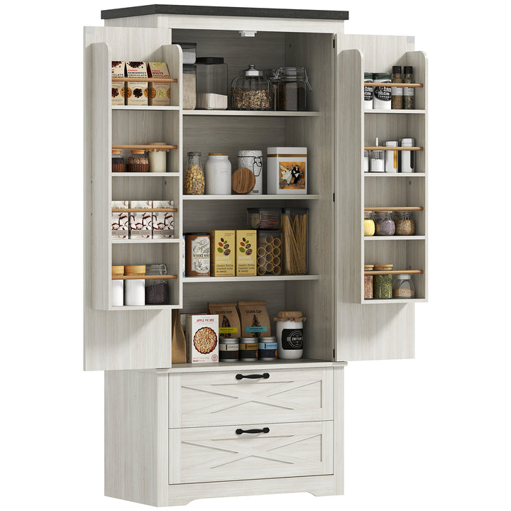 HOMCOM Farmhouse Kitchen Pantry Storage Cabinet, 64" Freestanding Kitchen Pantry Cabinet with Drawers, Distressed White