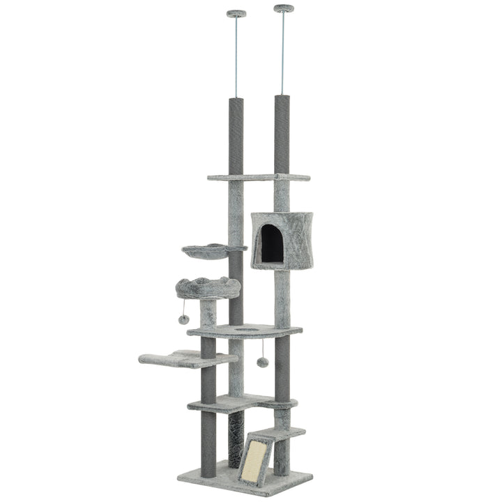PawHut 89" -100" Adjustable Height Floor to Ceiling Cat Tree, Multi Levels Cat Climbing Tower with Scratching Posts