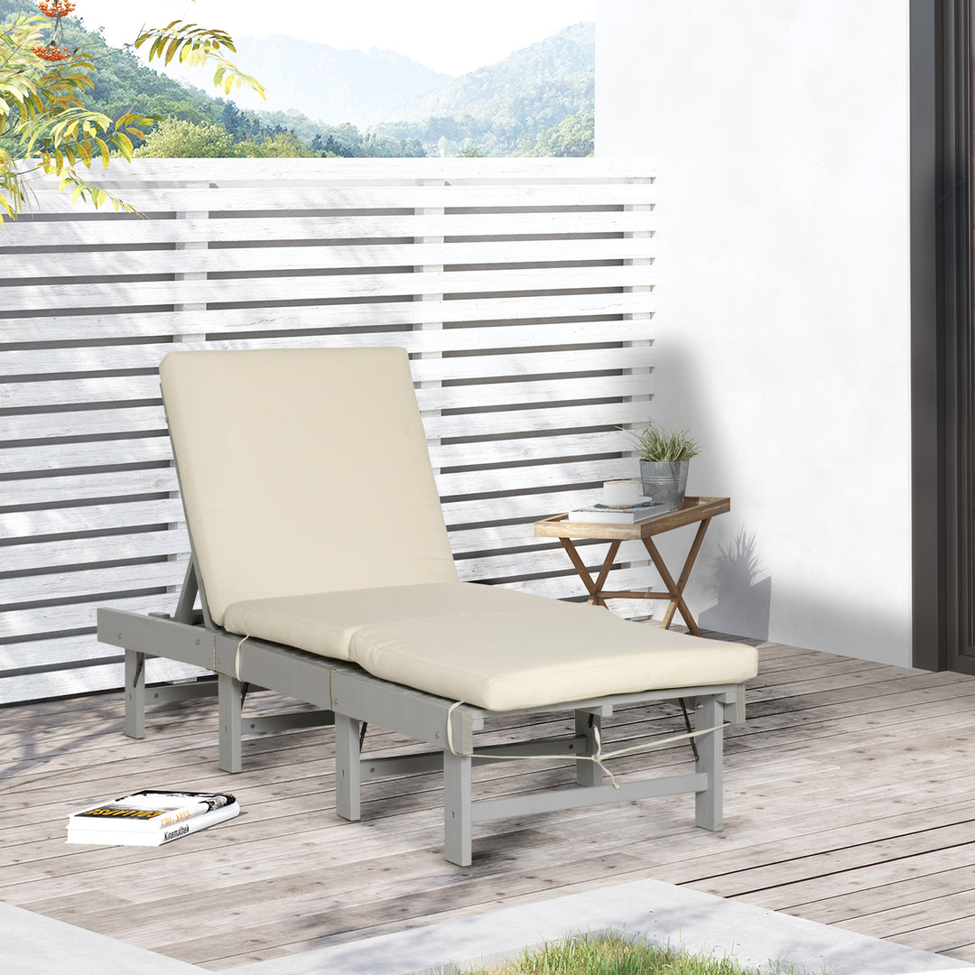 Outsunny Wooden Folding Chaise Lounge, Outdoor Chaise Lounge Chair, Garden Reclining Tanning Chair with 4 Adjustable Back Soft Cushions, White