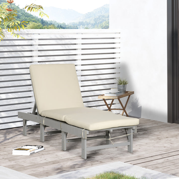Outsunny Wooden Folding Chaise Lounge, Outdoor Chaise Lounge Chair, Garden Reclining Tanning Chair with 4 Adjustable Back Soft Cushions, White
