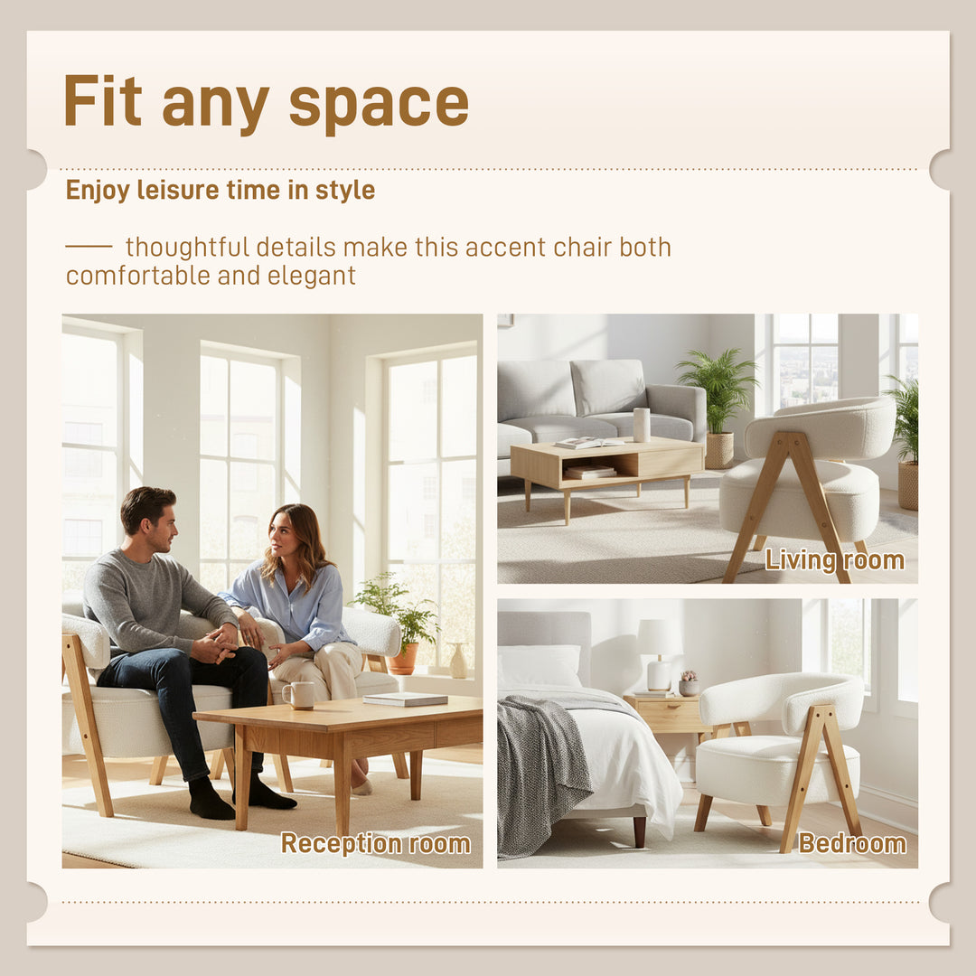 HOMCOM Sherpa Fleece Accent Chair, Upholstered Armchair with Solid Wood Legs and Steel Frame for Living Room, Light Brown