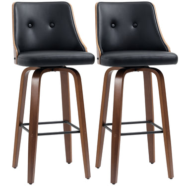 HOMCOM Bar Height Bar Stools Set of 2 PU Leather Upholstered Swivel Barstools with Solid Wood Legs Footrest and Tufted Back, Black