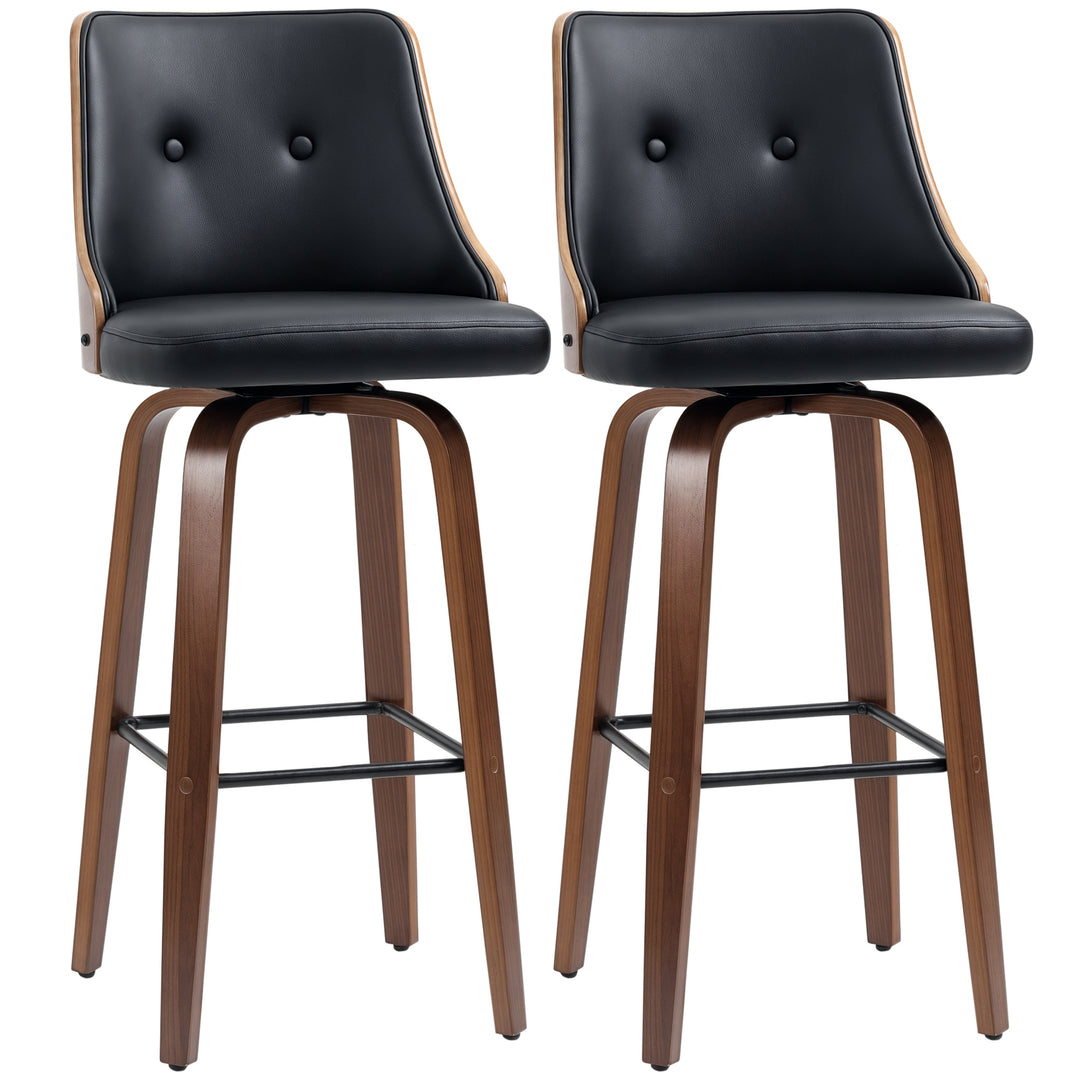 HOMCOM Bar Height Bar Stools Set of 2 PU Leather Upholstered Swivel Barstools with Solid Wood Legs Footrest and Tufted Back, Black
