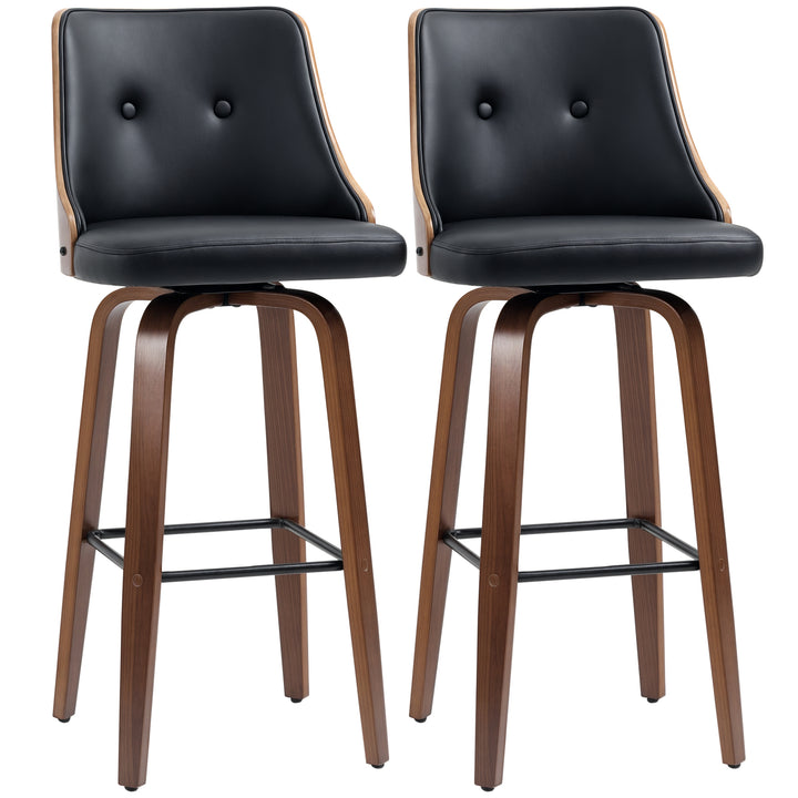 HOMCOM Bar Height Bar Stools Set of 2 PU Leather Upholstered Swivel Barstools with Solid Wood Legs Footrest and Tufted Back, Black