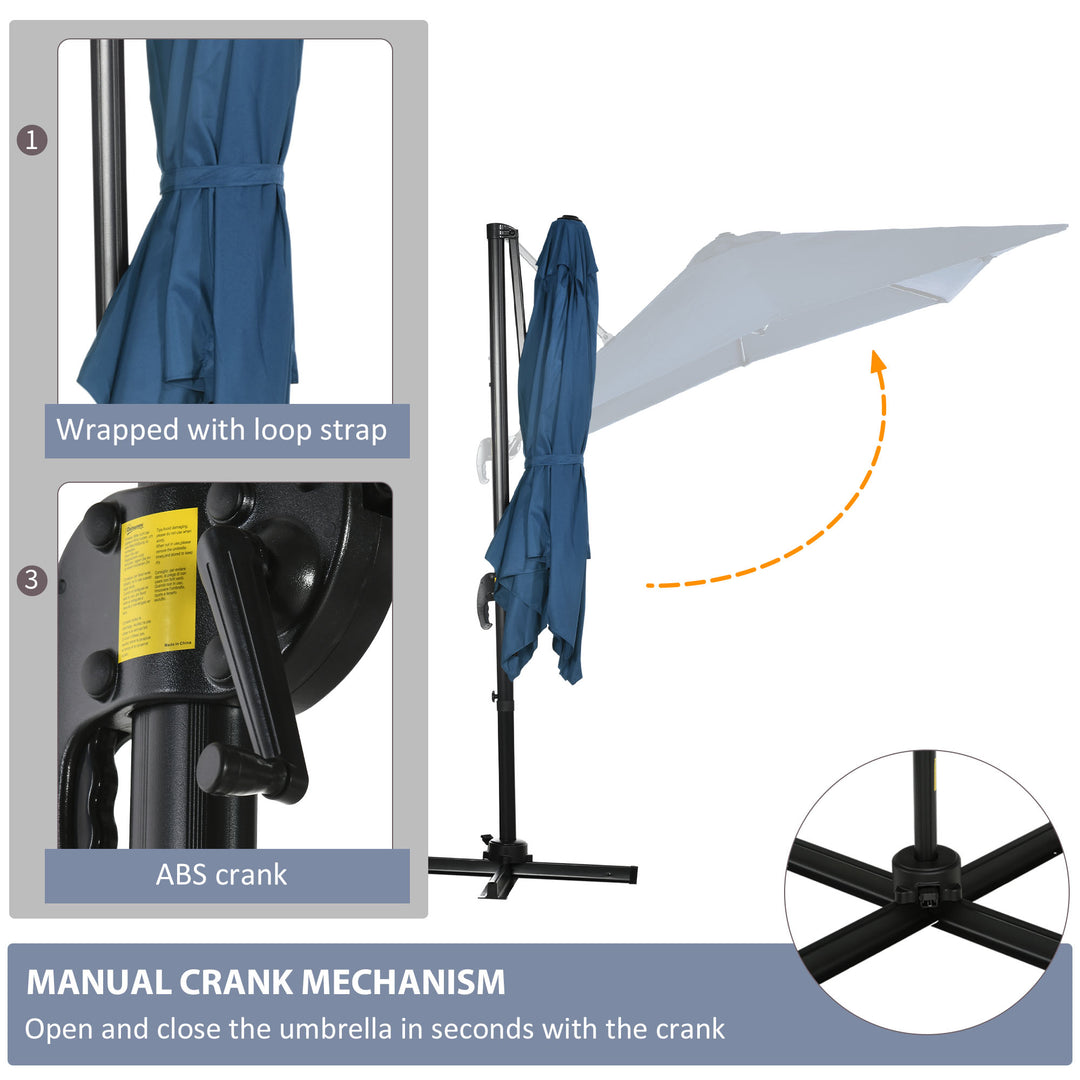 Outsunny 8' x 8' Square Patio Hanging Offset Umbrella with 360° Rotation, Aluminum Outdoor Cantilever Parasol with Crank & Tilt, Sun Canopy Shelter with Cross Base, Dark Blue