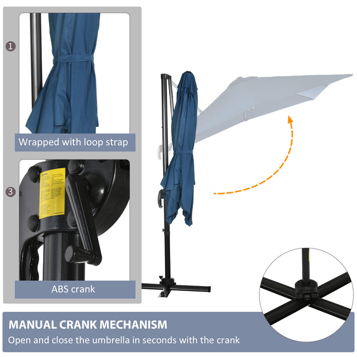 Outsunny 8' x 8' Square Patio Hanging Offset Umbrella with 360° Rotation, Aluminum Outdoor Cantilever Parasol with Crank & Tilt, Sun Canopy Shelter with Cross Base, Dark Blue