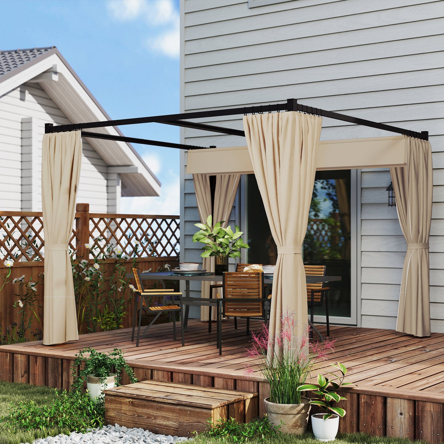 Outsunny 10' x 10' Retractable Pergola, Garden Gazebo Shelter with Curtains, for Grill, Patio, Deck, Beige