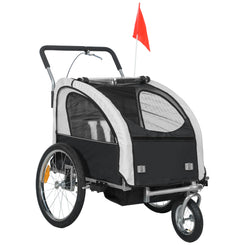 Aosom 2-in-1 Bike Trailer for Kids, Foldable 2-Seat Baby Stroller with 5-Point Harness, Rubber Wheels, Storage Bag, Black