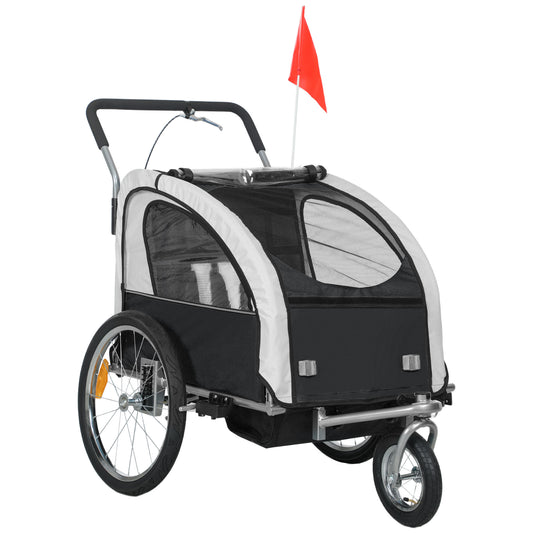 Aosom 2-in-1 Bike Trailer for Kids, Foldable 2-Seat Baby Stroller with 5-Point Harness, Rubber Wheels, Storage Bag, Black