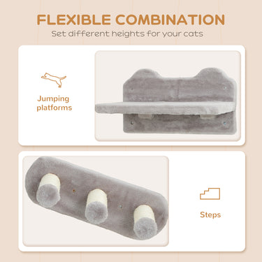 PawHut 3PCs Cat Wall Shelves w/ Scratching Post, Perches, Steps, Ladder, Light Grey