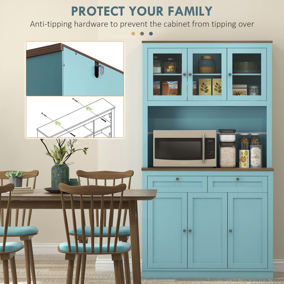 HOMCOM 71" Pantry Cabinet with Microwave Space, Buffet with Hutch, 2 Drawers, Adjustable Shelves and Glass Doors, Blue