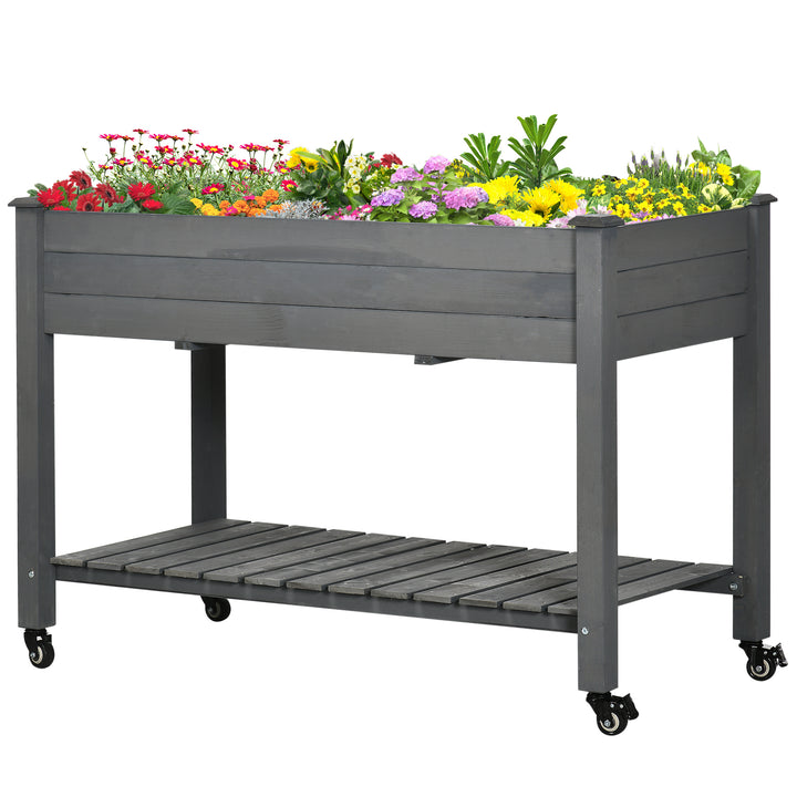 Outsunny Mobile Raised Garden Bed Elevated Wood Planter Box w/ Lockable Wheels, Storage Shelf  for Herbs Vegetables, Dark Grey