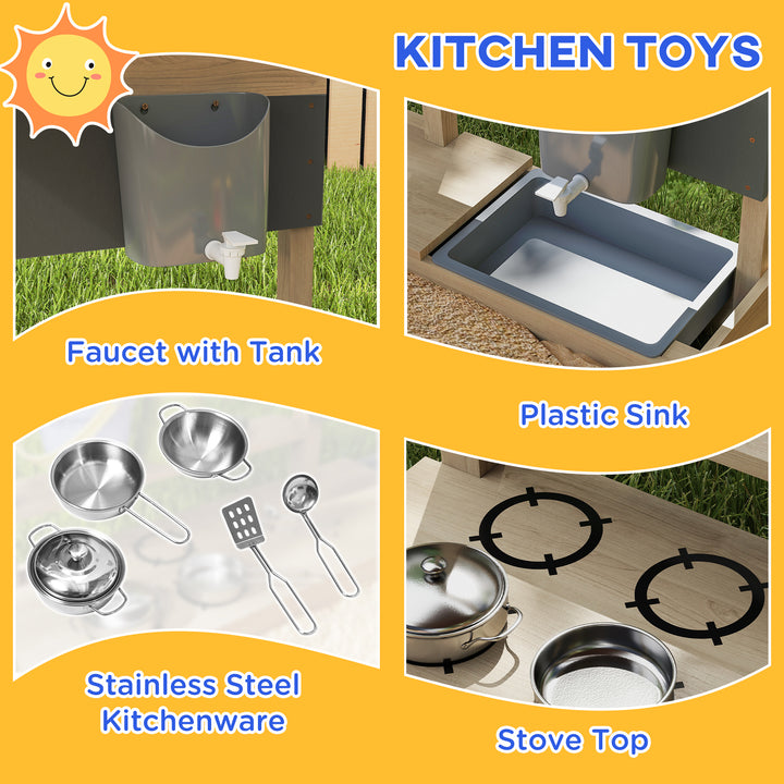 Outsunny Kids Sandbox with Cover Kitchen Playset Toys, Wooden Sand Box with Seat, Storage, for 3-7 Years Old, Grey