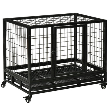 PawHut Heavy Duty Dog Crate Cage for Medium Small Dogs Cats with Two Doors, Lockable Wheels, Removable Tray, 36" x 24" x 27"