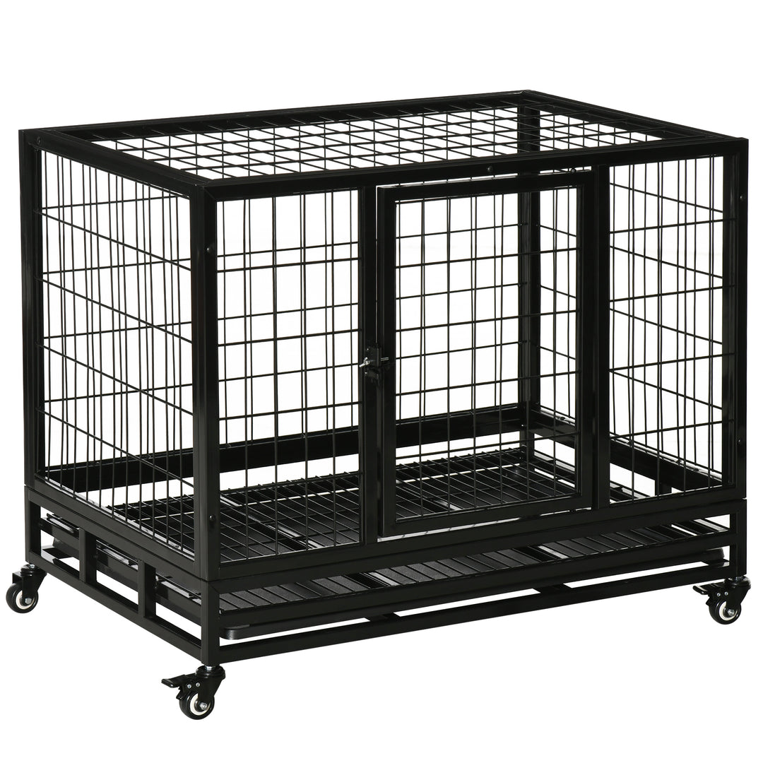 PawHut Heavy Duty Dog Crate Cage for Medium Small Dogs Cats with Two Doors, Lockable Wheels, Removable Tray, 36" x 24" x 27"