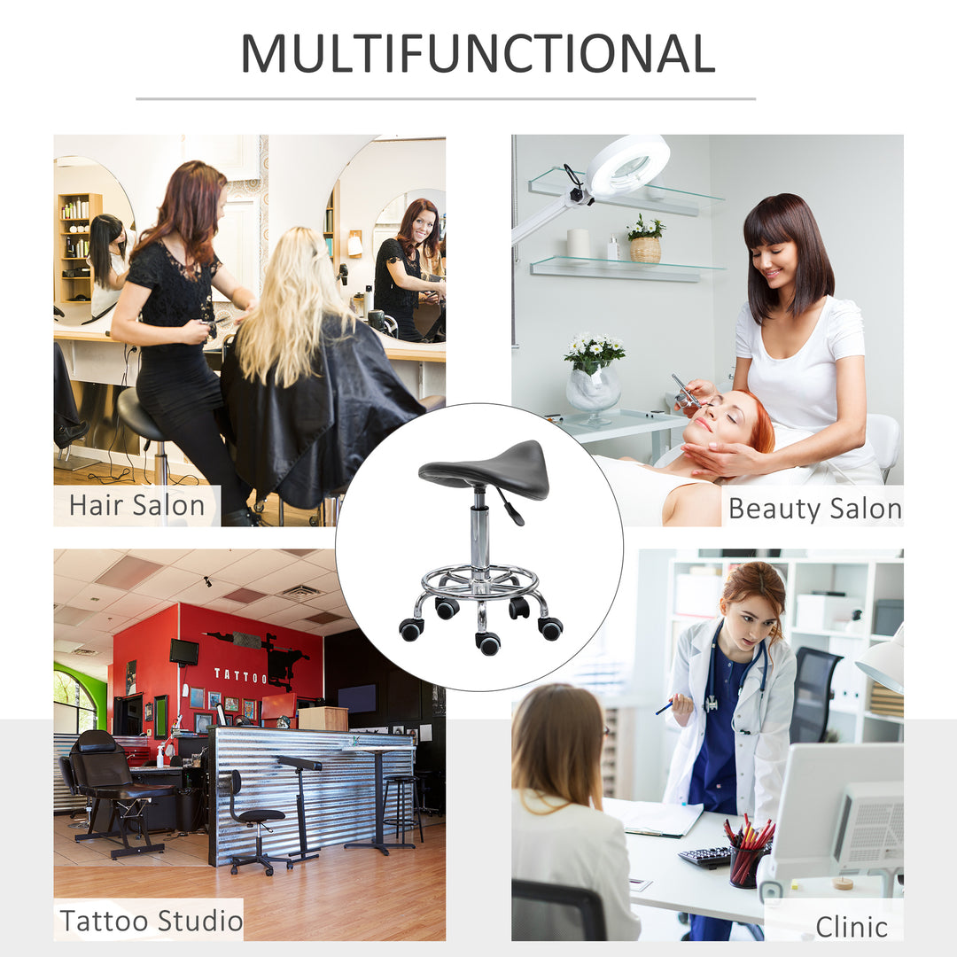HOMCOM Saddle Stool, PU Leather Adjustable Rolling Salon Chair for Massage, Spa, Clinic, Beauty and Tattoo, Black