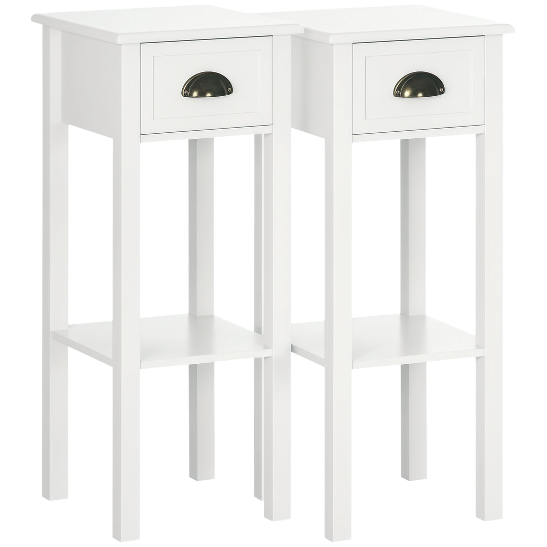 HOMCOM 2 Tier Side Table, Set of 2, Narrow Tall End Table with Drawer and Shelf, Slim Wooden Nightstand for Living Room, Bedroom, Hallway, White