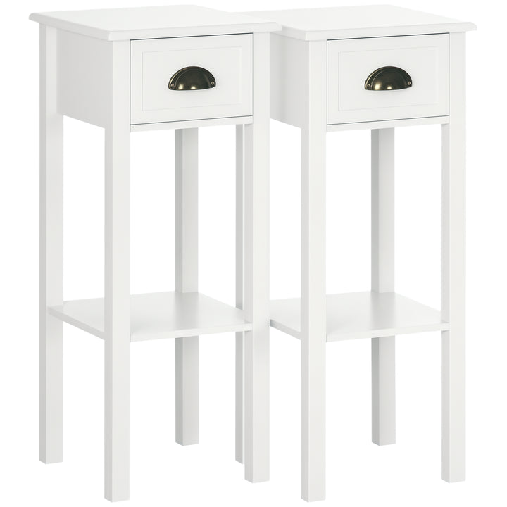HOMCOM 2 Tier Side Table, Set of 2, Narrow Tall End Table with Drawer and Shelf, Slim Wooden Nightstand for Living Room, Bedroom, Hallway, White