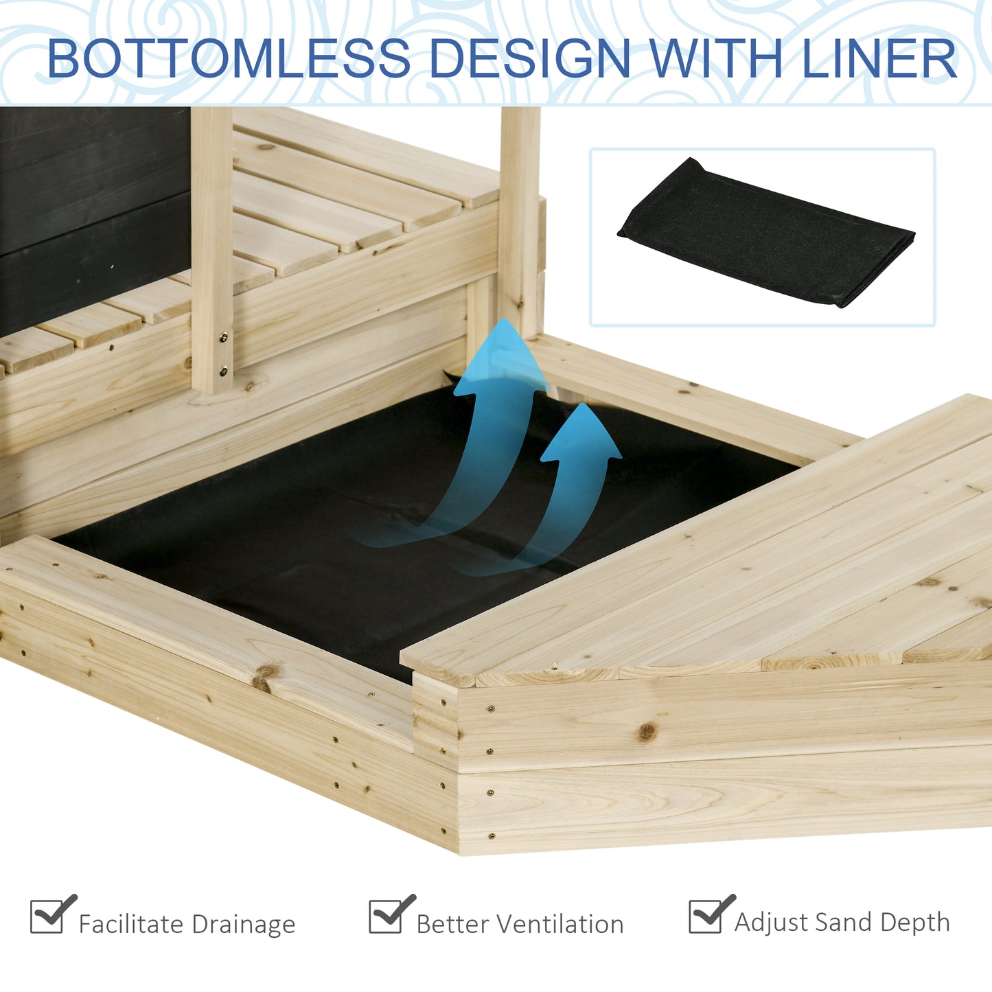 Outsunny Kids Wooden Sandbox with Cover, Foldable Sandpit, Covered Children Sand Boat Outdoor, w/Flag, Bottom Liner, for 3-8 Years Old, Natural Wood