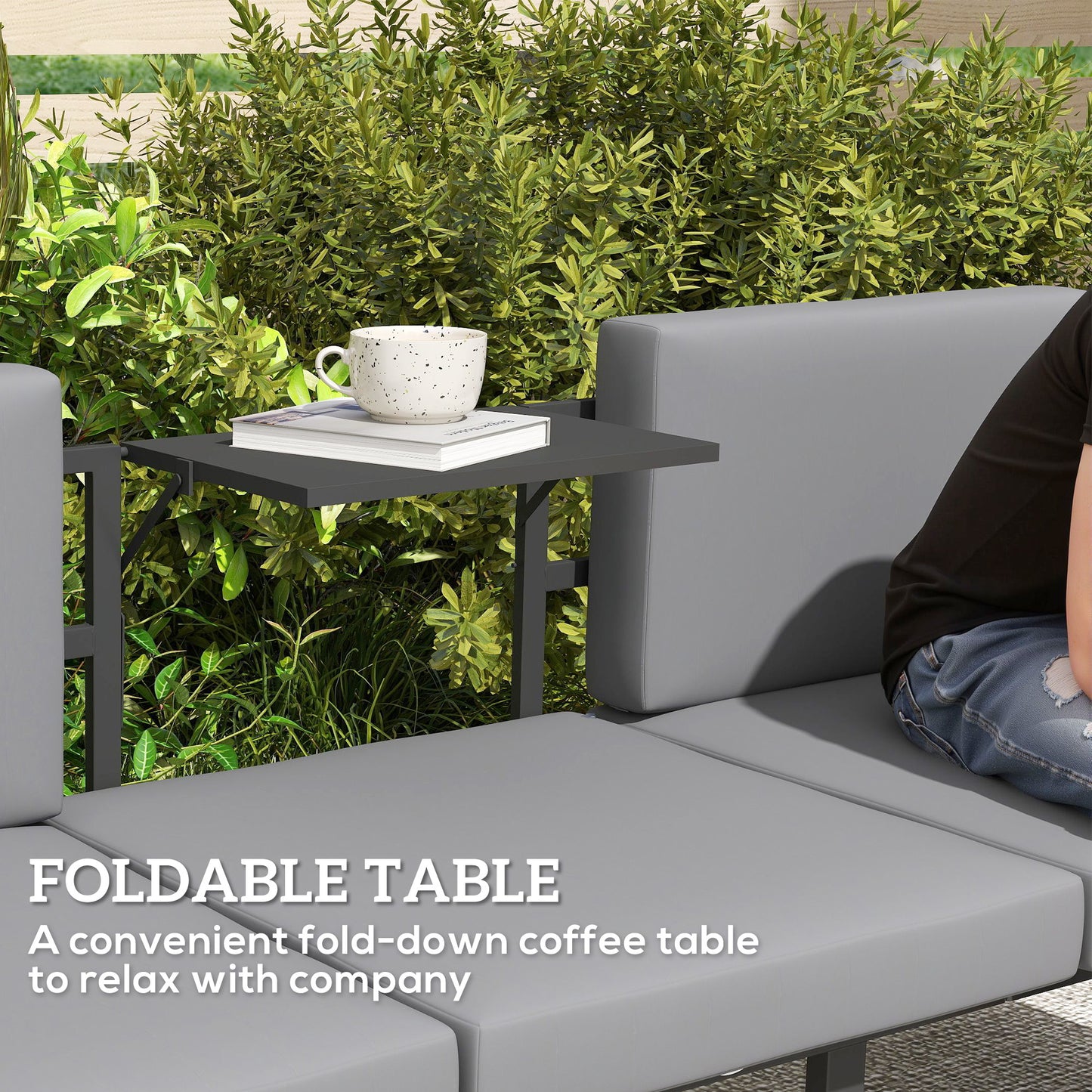 Outsunny 3-in-1 3-Seater Outdoor Sofa, Lounge Chair with 5-Position Adjustable Back, Patio Loveseat with Folding Table, Grey