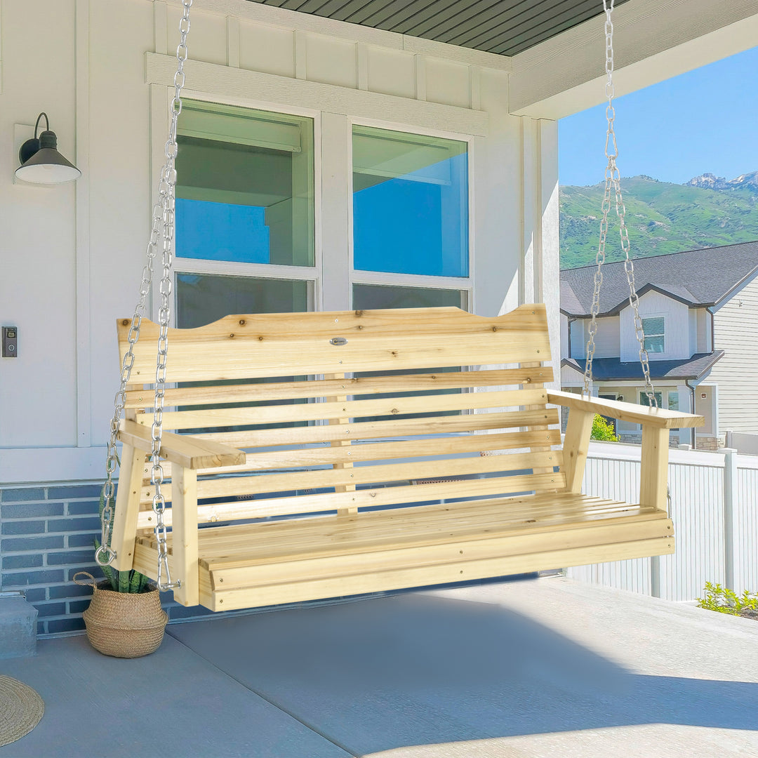 Outsunny 2-Seater Porch Swing, Patio Swing Bench with Adjustable Hanging Chains for Deck, Patio, Garden, Backyard, Natural Wood