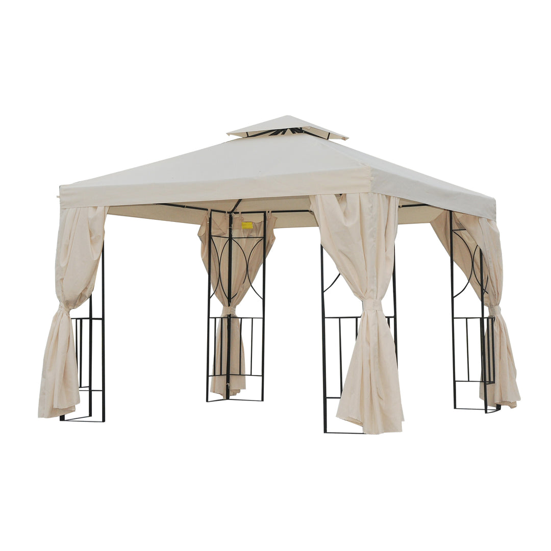 Outsunny 10' x 10' Patio Gazebo Outdoor, Canopy Shelter with Double-tier Roof, Pavilion Sidewalls for Garden Events, Cream White