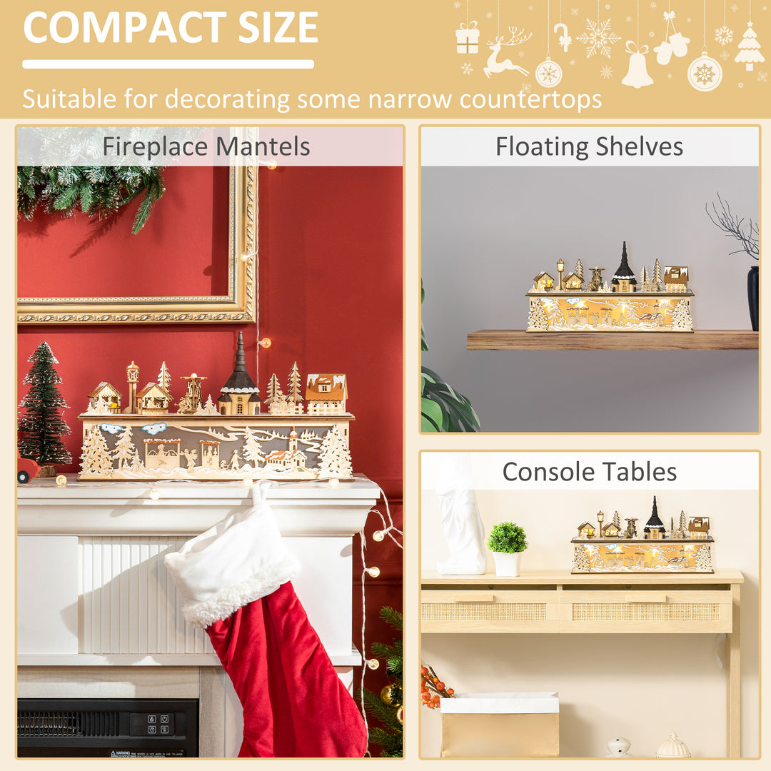 HOMCOM Desktop Christmas Decoration, Christmas Village Houses with Church, Windmill Battery Operated, Natural Wood